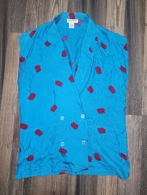 Womens Vintage Blouse Vest Medium Blue 100% Silk 70s 80s Retro Party Lightweight